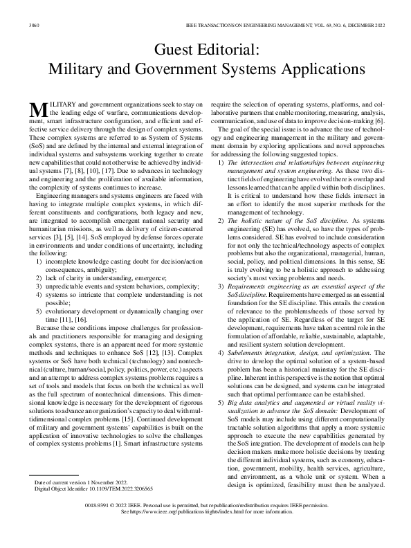 (PDF) Guest Editorial: Military and Government Systems Applications