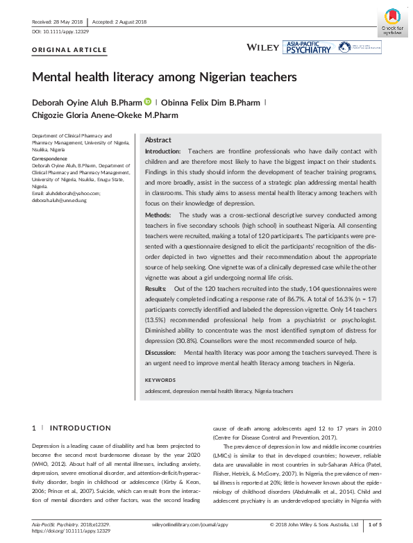 (PDF) Mental health literacy among Nigerian teachers