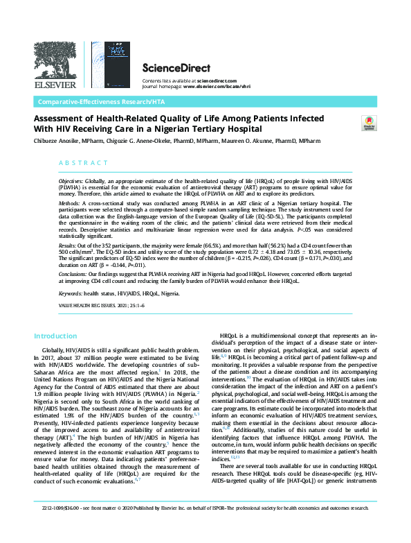 (PDF) Assessment of Health-Related Quality of Life Among HIV-Infected ...