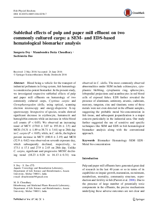 (PDF) Sublethal effects of pulp and paper mill effluent on two commonly ...