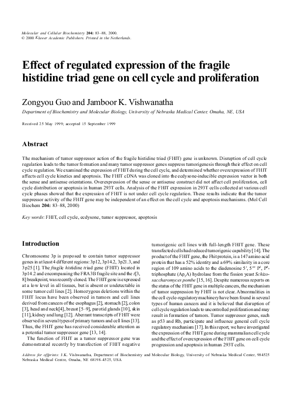 (PDF) Effect of regulated expression of the fragile histidine traid ...