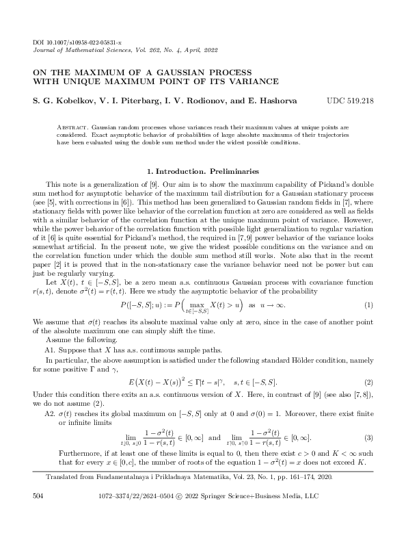 (PDF) On the Maximum of a Gaussian Process with Unique Maximum Point of ...