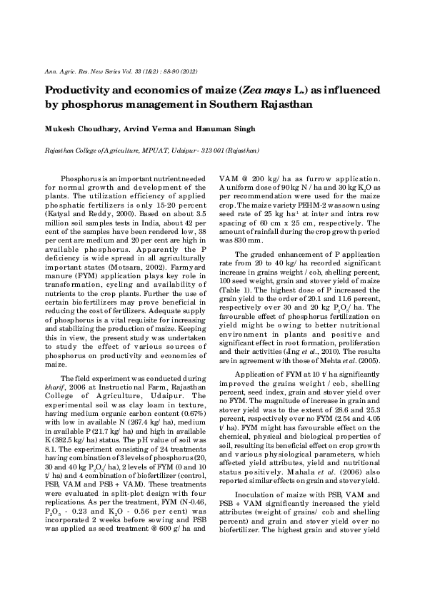 (PDF) Productivity and economics of maize (Zea mays L.) as influenced ...