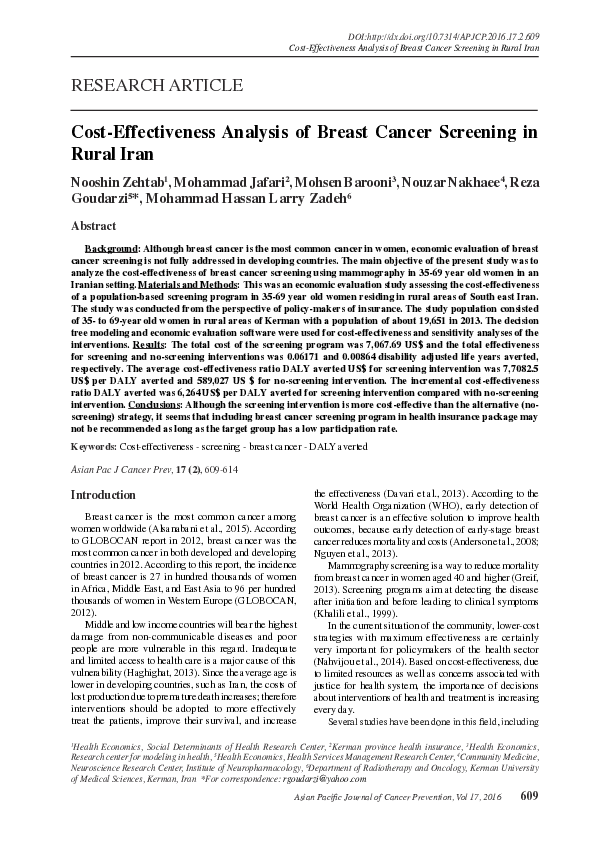 (PDF) Cost-Effectiveness Analysis of Breast Cancer Screening in Rural Iran
