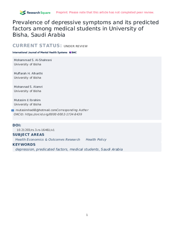 (PDF) Prevalence of depressive symptoms and its predicted factors among ...