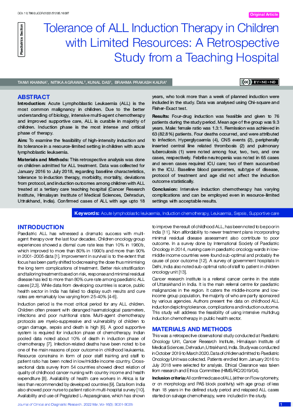 (PDF) Tolerance of ALL Induction Therapy in Children with Limited ...