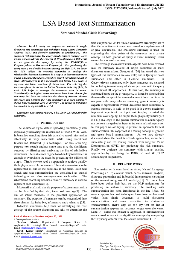 (PDF) LSA Based Text Summarization