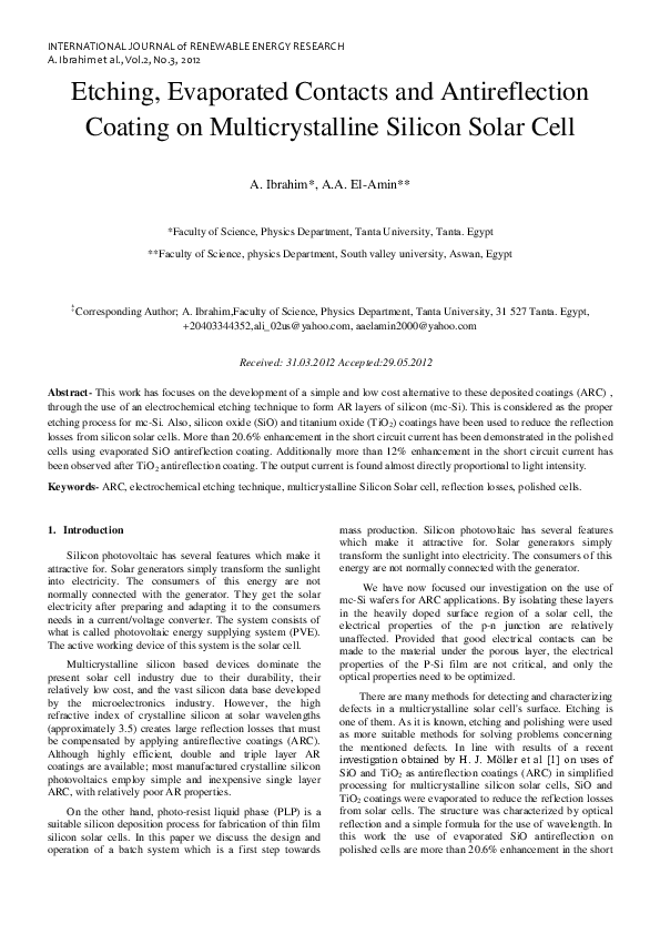 (PDF) Etching, Evaporated Contacts and Antireflection Coating on ...