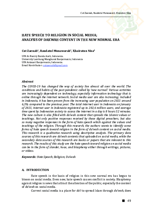 (PDF) Hate Speech to Religion in Social Media; Analysis of Dakwah ...