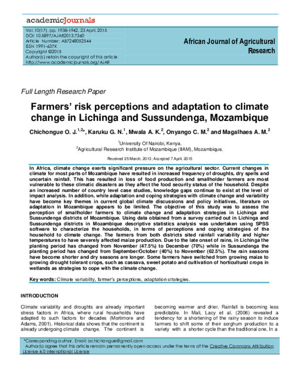 (PDF) Farmers risk perceptions and adaptation to climate change in ...