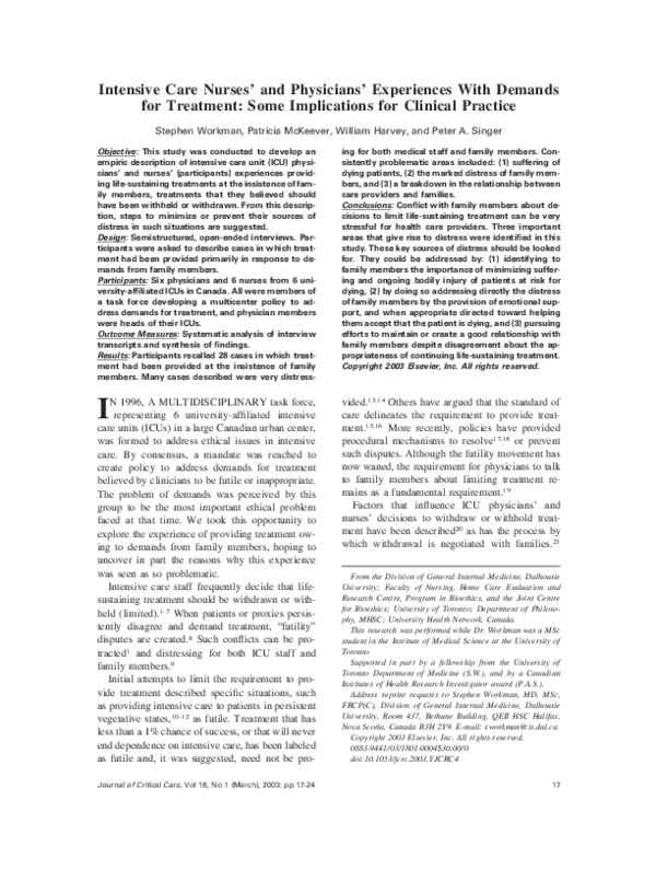 (PDF) Intensive care nurses' and physicians' experiences with demands ...