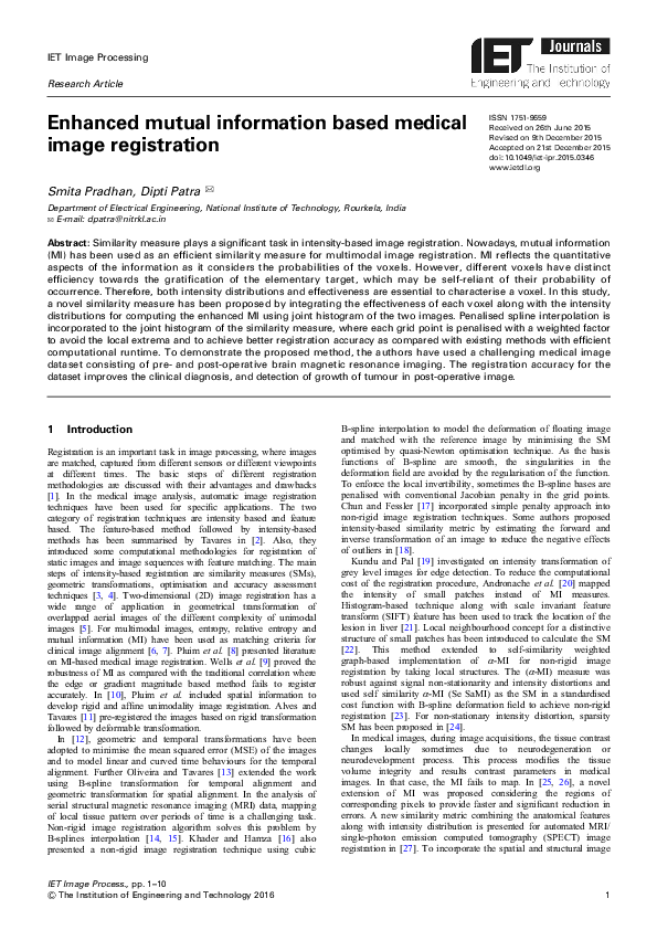 (PDF) Enhanced mutual information based medical image registration