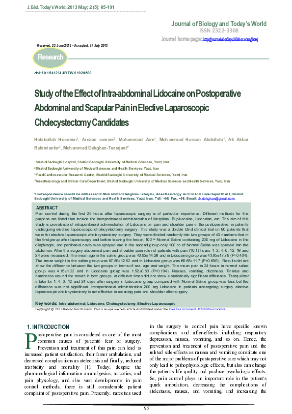 (PDF) Study of the Effect of Intra-abdominal Lidocaine on Postoperative ...