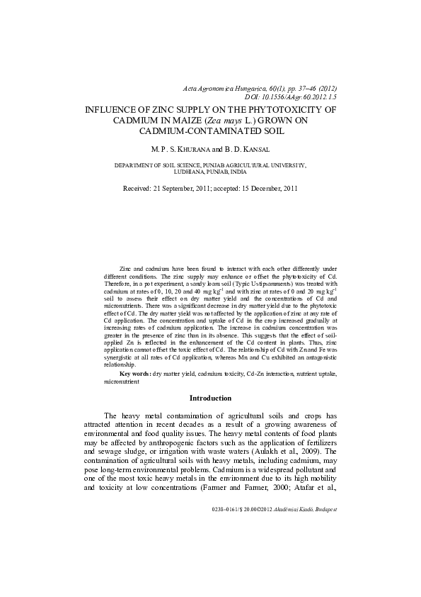 (PDF) Influence of zinc supply on the phytotoxicity of cadmium in maize ...