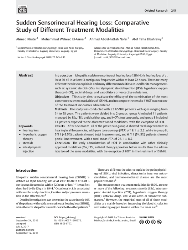 (PDF) Sudden Sensorineural Hearing Loss: Comparative Study of Different ...