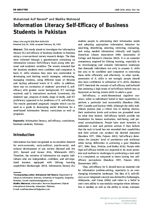 (PDF) Information Literacy Self-Efficacy of Business Students in Pakistan