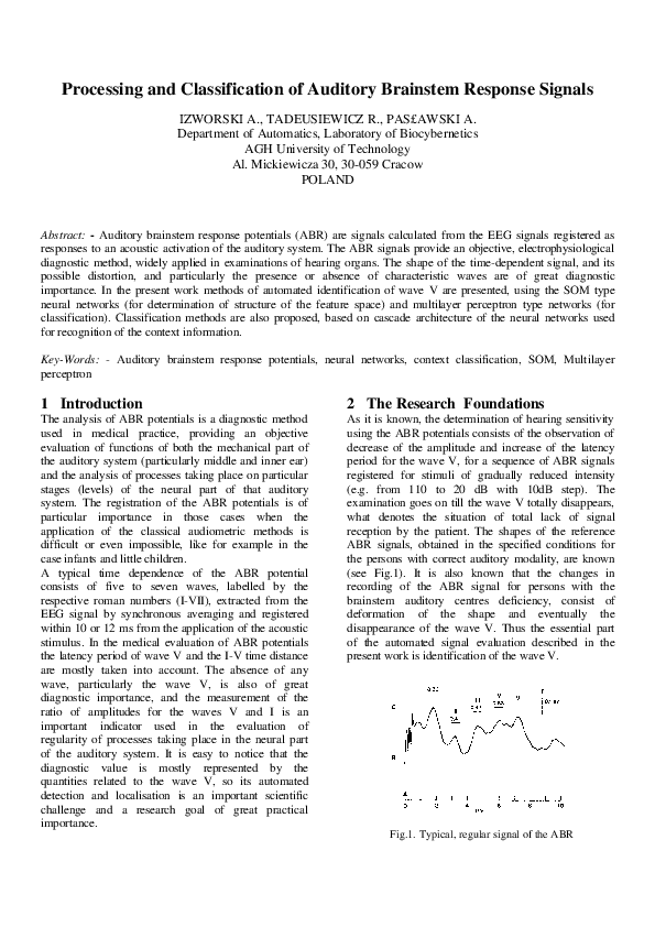 (PDF) Processing and Classification of Auditory Brainstem Response Signals