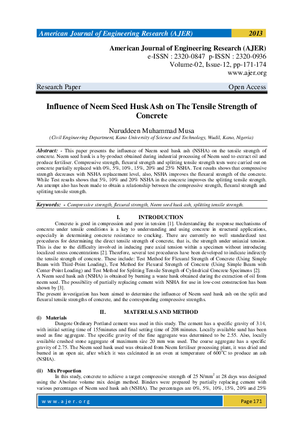 (PDF) Influence of Neem Seed Husk Ash on The Tensile Strength of Concrete