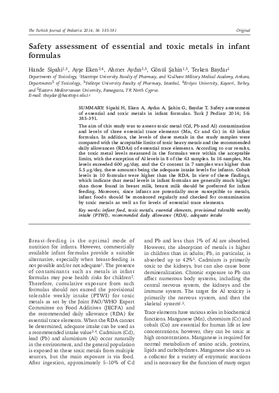 (PDF) Safety assessment of essential and toxic metals in infant formulas