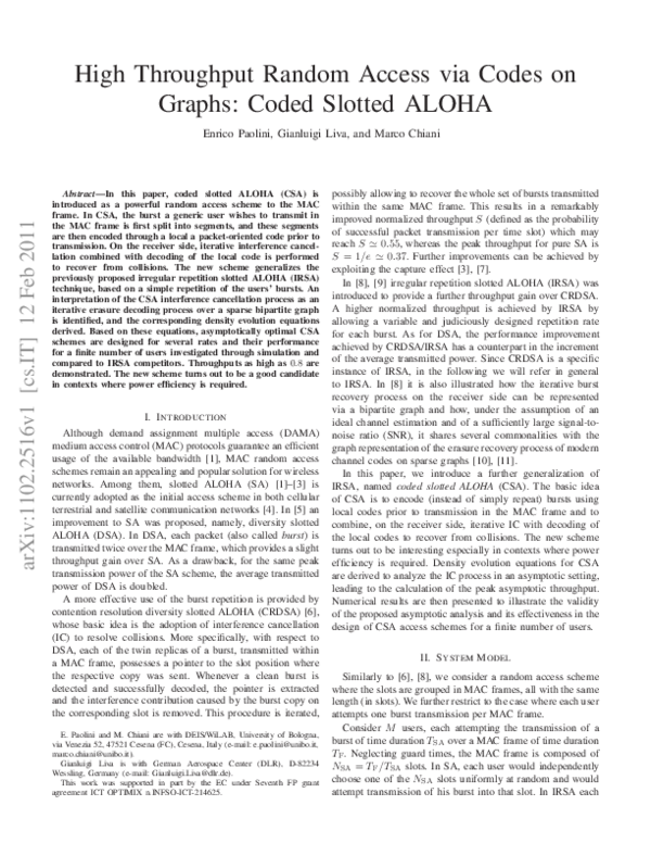 (PDF) High Throughput Random Access via Codes on Graphs: Coded Slotted ...