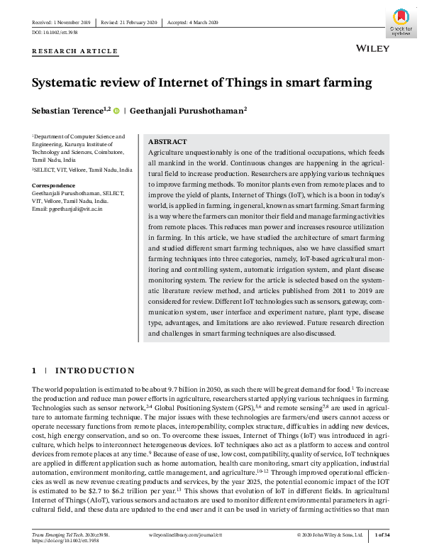 (PDF) Systematic review of Internet of Things in smart farming
