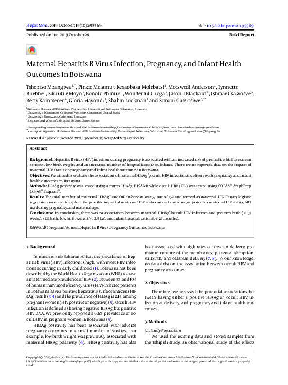 (PDF) Maternal Hepatitis B Virus Infection, Pregnancy, and Infant