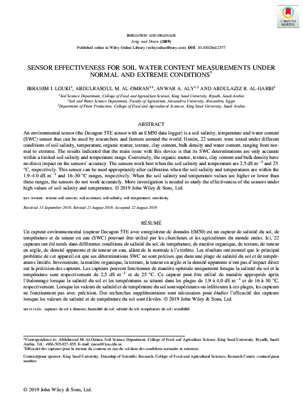 (PDF) Sensor Effectiveness for Soil Water Content Measurements Under ...