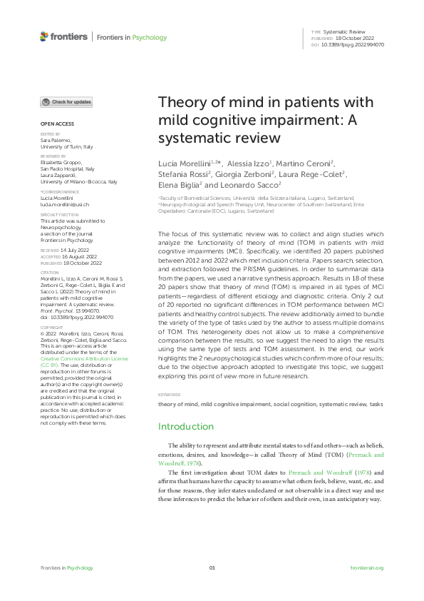 (PDF) Theory of mind in patients with mild cognitive impairment: A ...