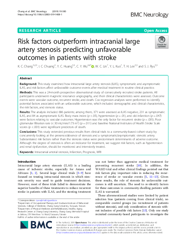 (PDF) Risk factors outperform intracranial large artery stenosis ...