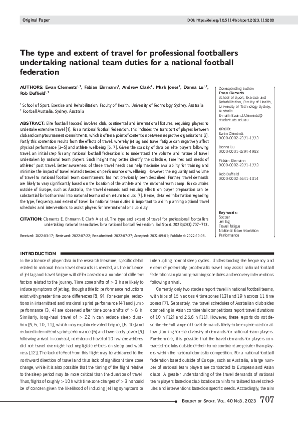 (PDF) The type and extent of travel for professional footballers ...