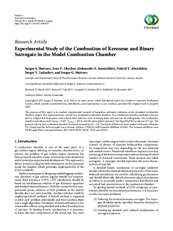 (PDF) Experimental Study of the Combustion of Kerosene and Binary ...