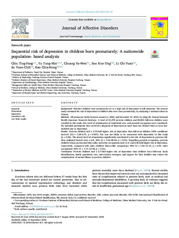 (PDF) Sequential risk of depression in children born prematurely: A ...