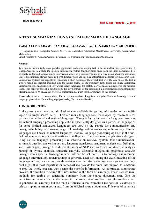 (PDF) A Text Summarization System for Marathi Language