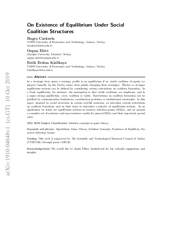 (PDF) On Existence of Equilibrium Under Social Coalition Structures