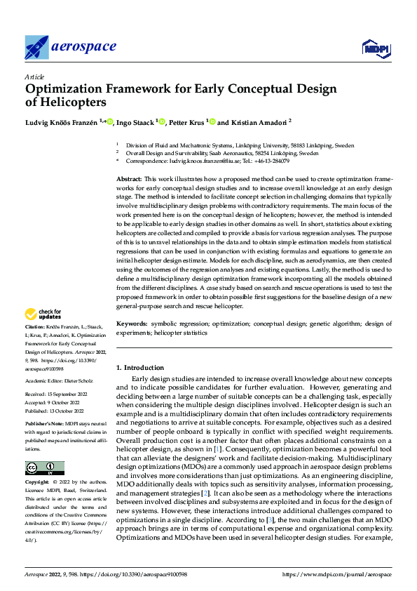 (PDF) Optimization Framework for Early Conceptual Design of Helicopters