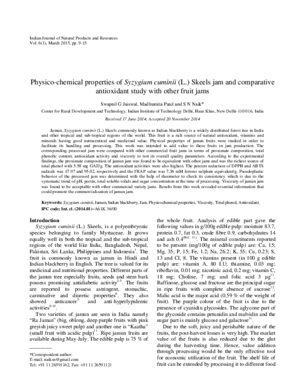 (PDF) Physicochemical properties of Syzygium cuminii (L.) Skeels jam