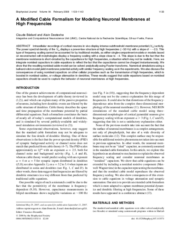(PDF) A Modified Cable Formalism for Modeling Neuronal Membranes at ...