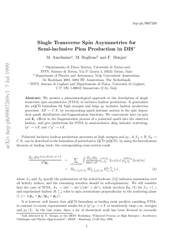 (PDF) Single transverse spin asymmetries for semi-inclusive pion ...