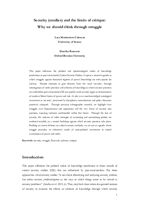 (PDF) Security (studies) and the limits of critique: why we should ...