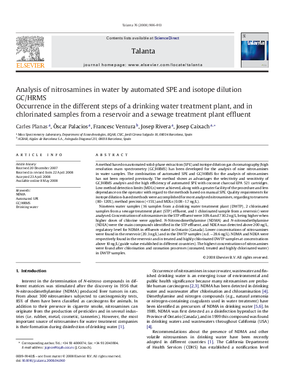 (PDF) Analysis of nitrosamines in water by automated SPE and isotope ...