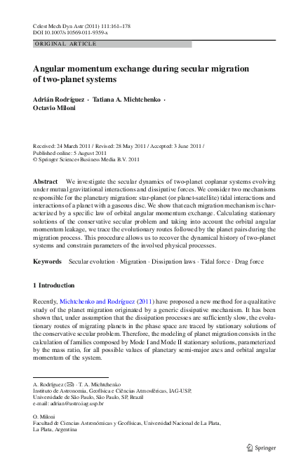 (PDF) Angular momentum exchange during secular migration of two-planet ...