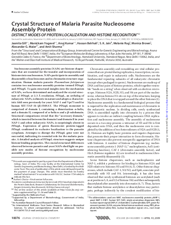 (PDF) Crystal Structure of Malaria Parasite Nucleosome Assembly Protein