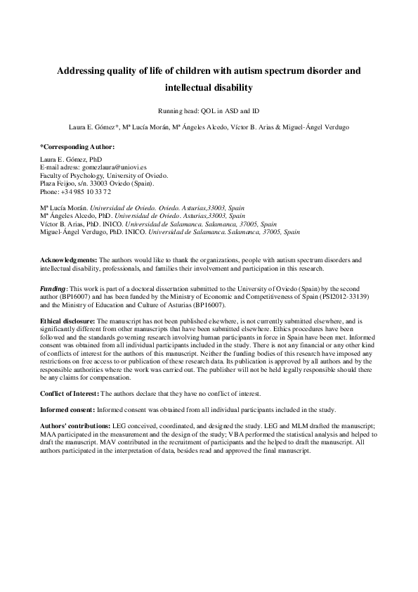 (PDF) Addressing Quality of Life of Children With Autism Spectrum ...
