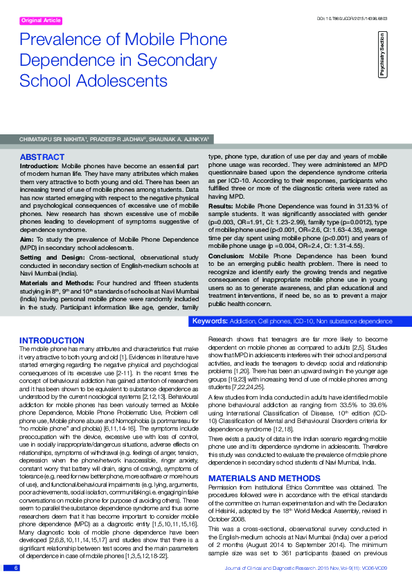 (PDF) Prevalence of Mobile Phone Dependence in Secondary School Adolescents