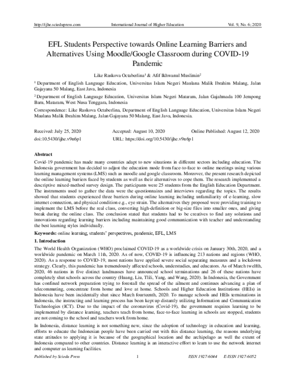 (PDF) EFL Students Perspective towards Online Learning Barriers and ...