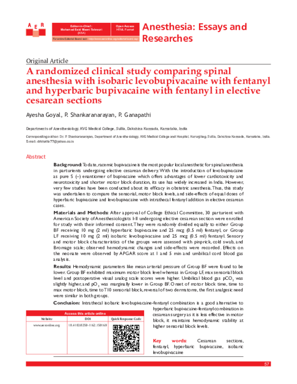 (PDF) A randomized clinical study comparing spinal anesthesia with ...