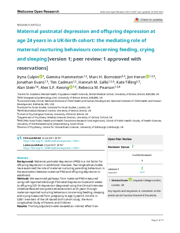 (PDF) Maternal postnatal depression and offspring depression at age 24 ...