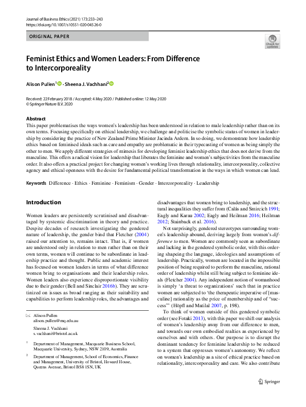 (PDF) Feminist Ethics and Women Leaders: From Difference to ...