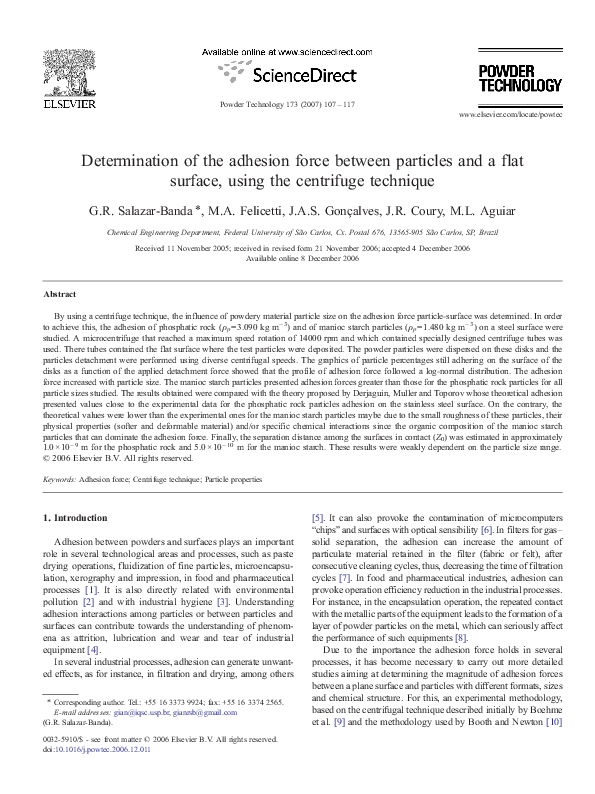 (PDF) Determination of the adhesion force between particles and a flat ...