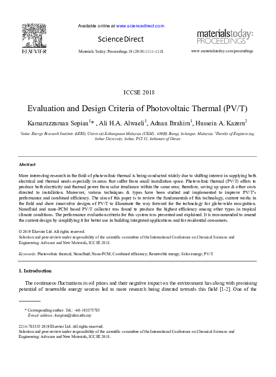 (PDF) Evaluation and Design Criteria of Photovoltaic Thermal (PV/T)
